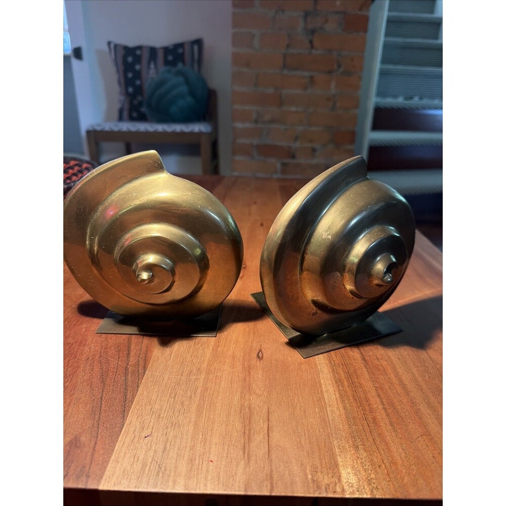Vintage Brass Nautilus Bookends Pair Beach Condo Coastal Nautical Decor -Gatco